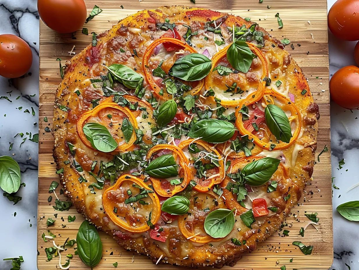 Overhead shot of a freshly baked Easy Protein Pizza