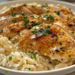 Overhead shot of creamy smothered chicken and rice on a plate.