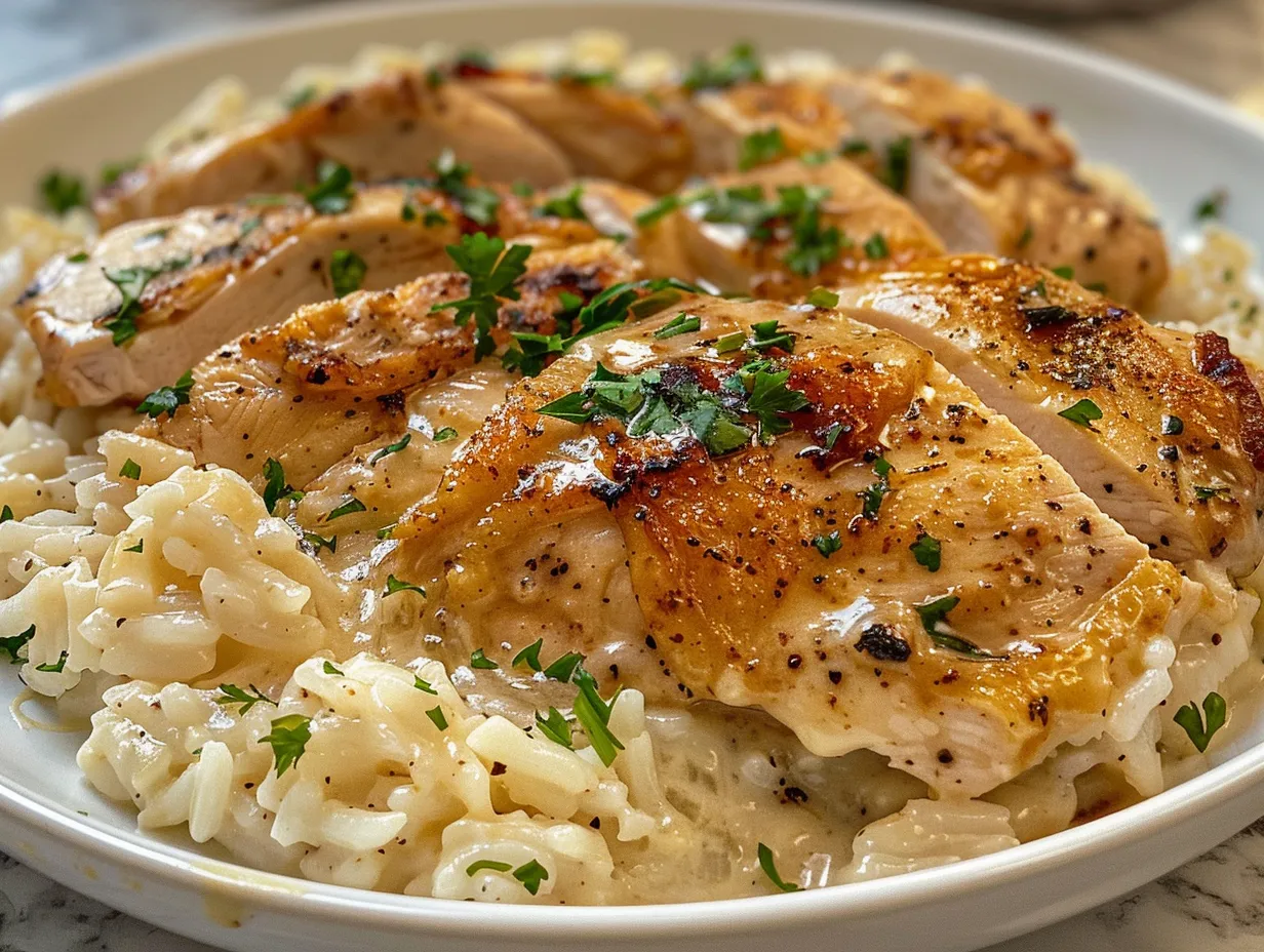 Overhead shot of creamy smothered chicken and rice on a plate
