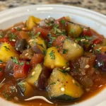 Overhead shot of vibrant Ratatouille Soup in a rustic bowl.