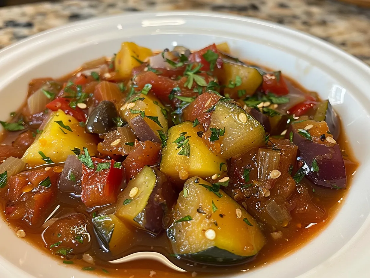 Overhead shot of vibrant Ratatouille Soup in a rustic bowl