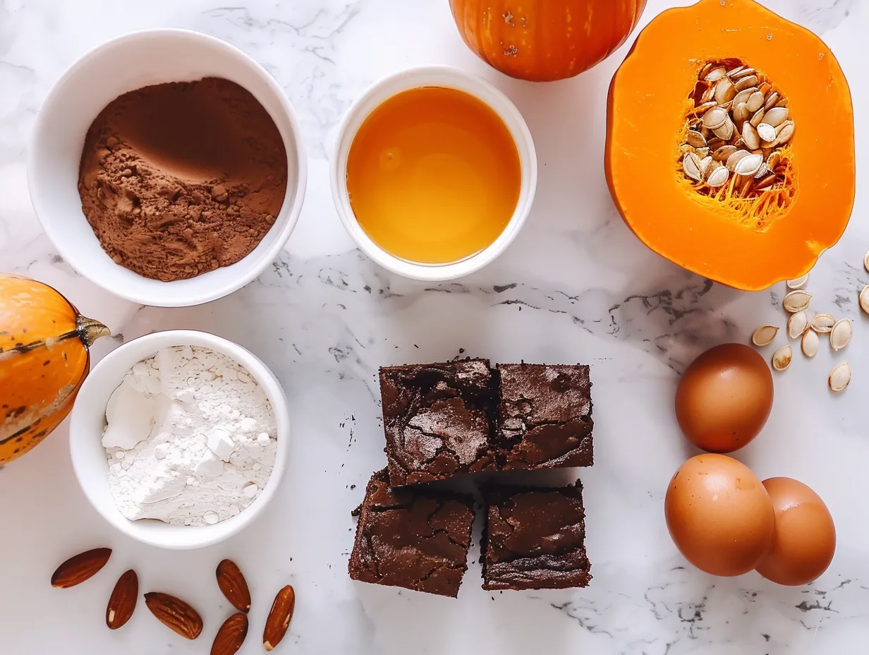 Ingredients for making pumpkin brownies, including pumpkin puree, chocolate chips, and spices.