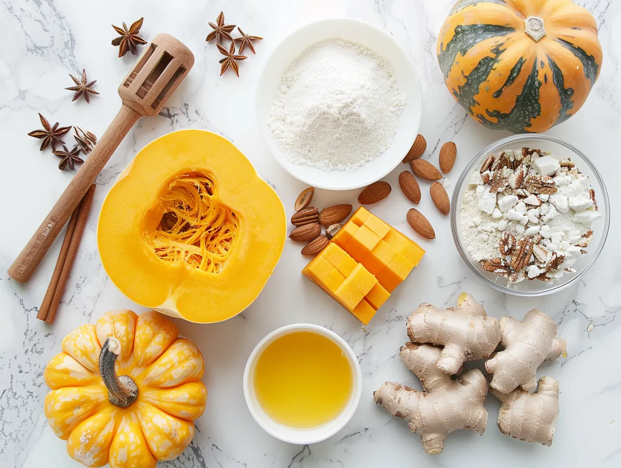 Pumpkin custard cake ingredients displayed on a white marble surface