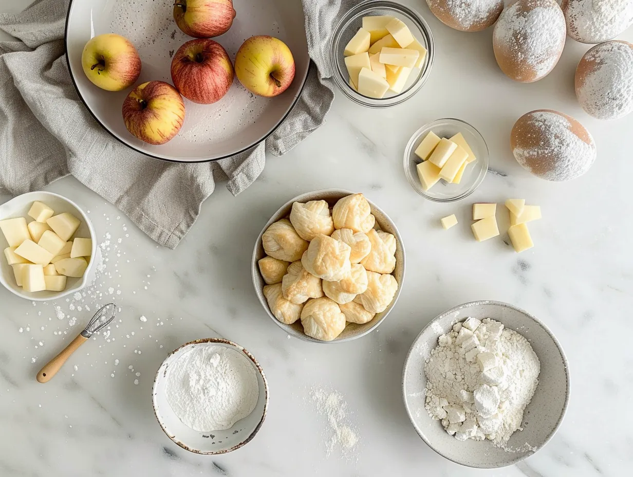 Ingredients for Apple and Brie Puff Pastry Bites including puff pastry, brie, apple, butter, honey, cinnamon, salt and nuts