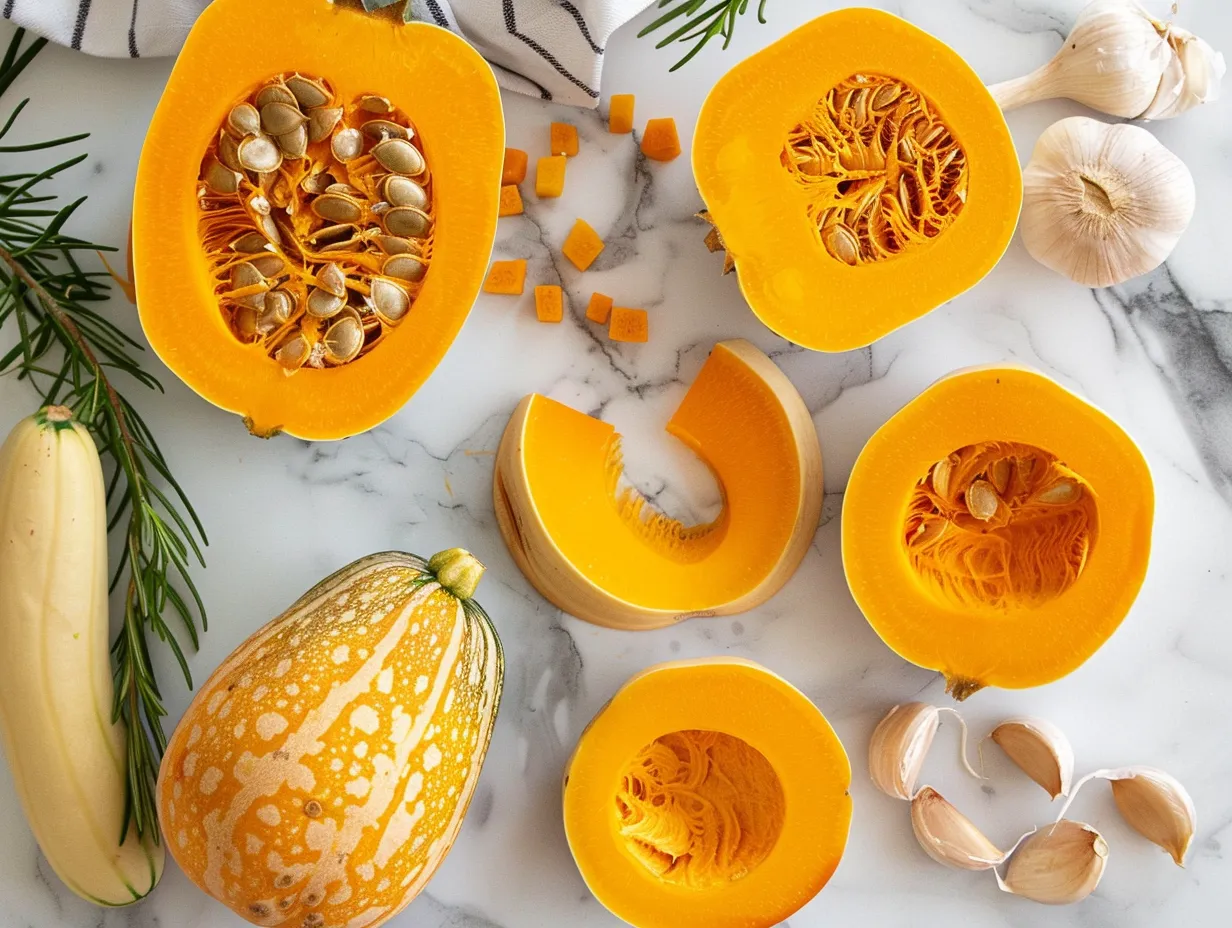 Raw ingredients for brown sugar roasted butternut squash, including butternut squash, olive oil, brown sugar, and spices