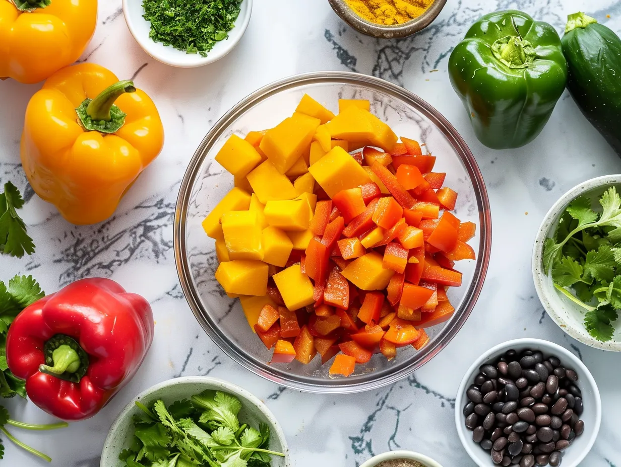 Raw ingredients for preparing Butternut Squash and Black Bean Enchilada Skillet, including butternut squash, black beans, corn, and spices.