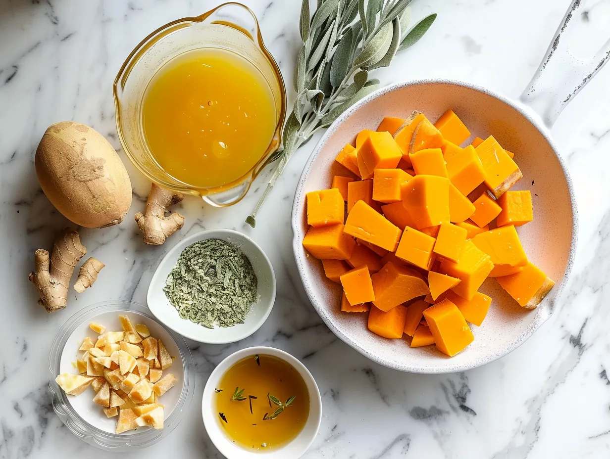 A variety of raw ingredients including butternut squash, onions, garlic, and spices, laid out on a wooden surface ready to be used in a Butternut Squash Casserole recipe.