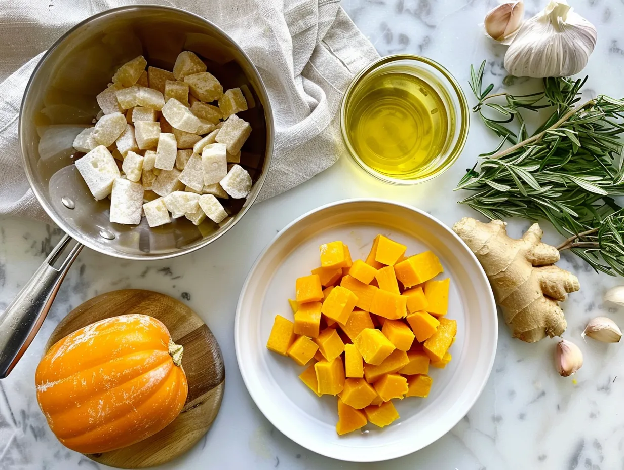 Raw ingredients for preparing butternut squash gnocchi with sausage, including butternut squash, gnocchi, sausage, and spices.