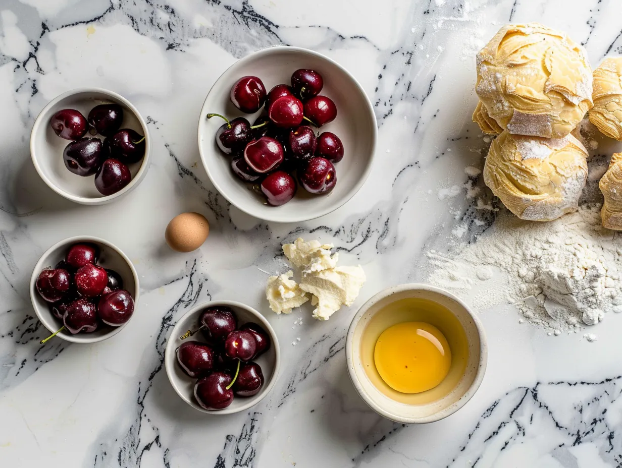 Ingredients for cherry cream cheese puff pastries: puff pastry, cream cheese, sugar, egg, vanilla extract, almond extract, cherry pie filling, milk, and powdered sugar.