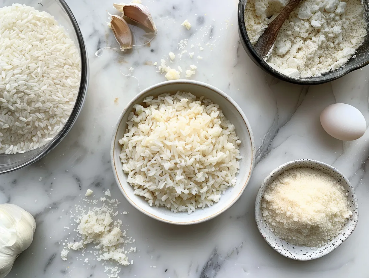 A variety of raw ingredients including diced chicken, rice, vegetables, and sauces, ready to be cooked into Restaurant-Style Chicken Fried Rice.