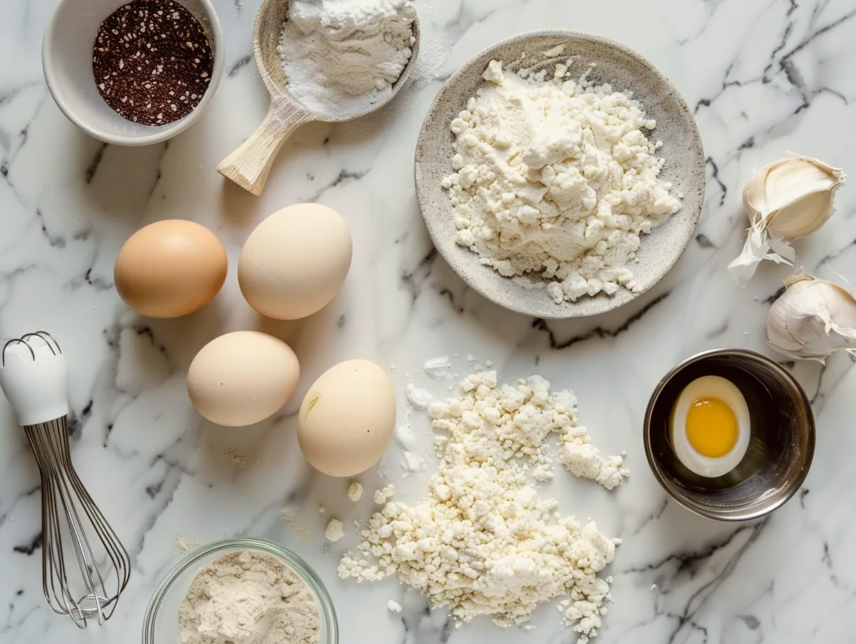 Raw ingredients for cottage cheese pancakes including cottage cheese, eggs, flour, and spices on a white marble surface.