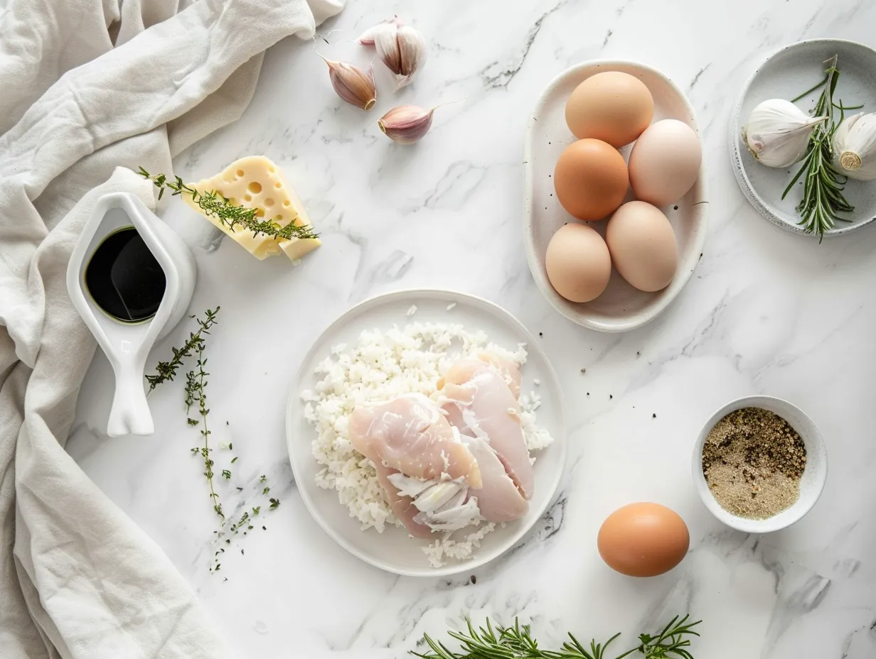 Raw ingredients for creamy smothered chicken and rice on a white marble surface