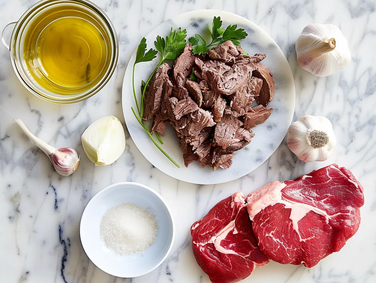 A spread of raw ingredients ready to be used for a delicious Crockpot Philly Cheesesteak.