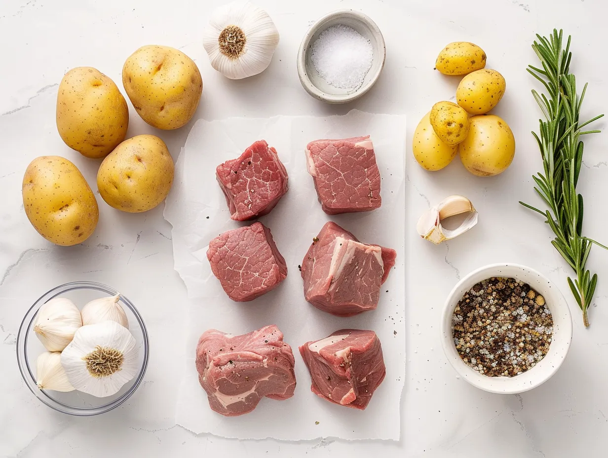 Raw ingredients for preparing garlic steak bites and potatoes including sirloin steak cubes, yukon gold potatoes, garlic, and spices