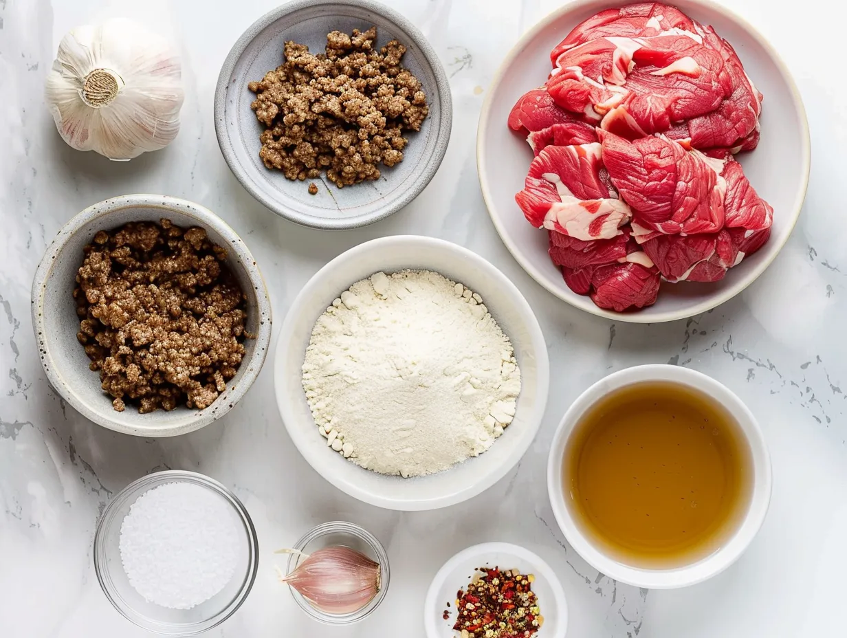Raw ingredients for making hamburger gravy, including ground beef, flour, beef broth, and spices.
