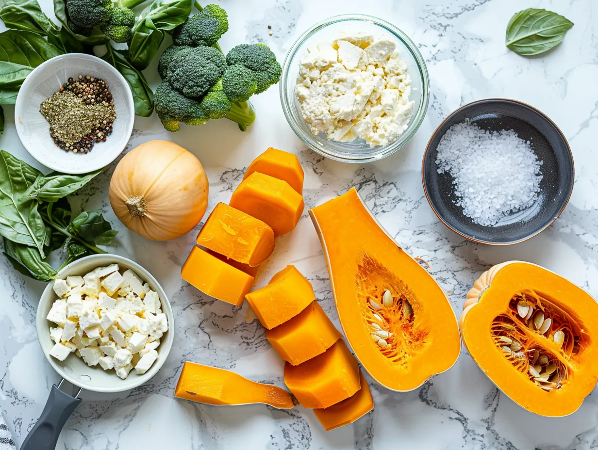 Raw ingredients needed for Hasselback butternut squash with feta, including butternut squash, feta cheese, olive oil, and spices