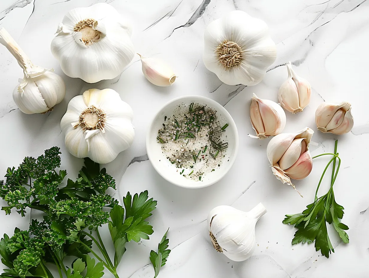 Raw ingredients for making homemade garlic soup, including garlic bulbs, onion, olive oil, herbs and spices.