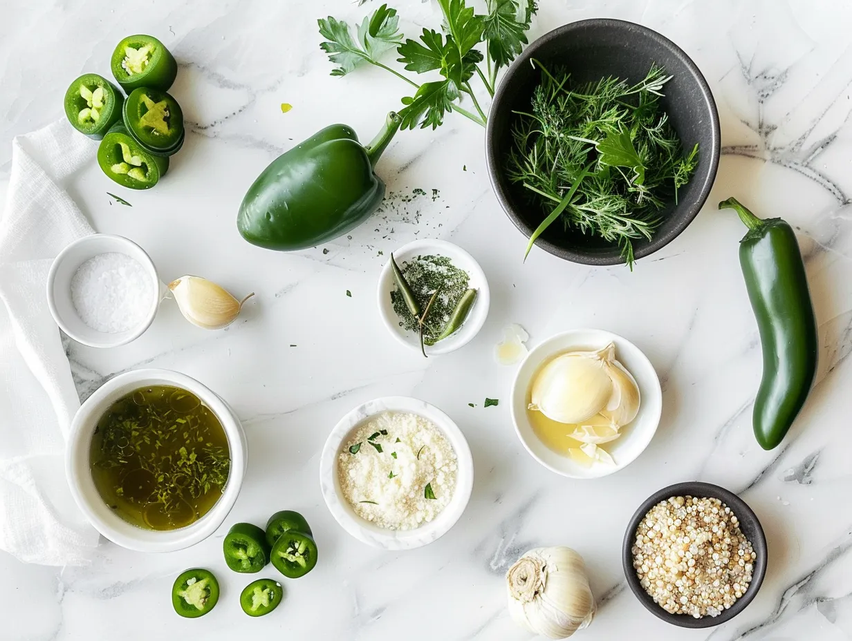 Raw ingredients for jalapeno popper soup on a white marble countertop