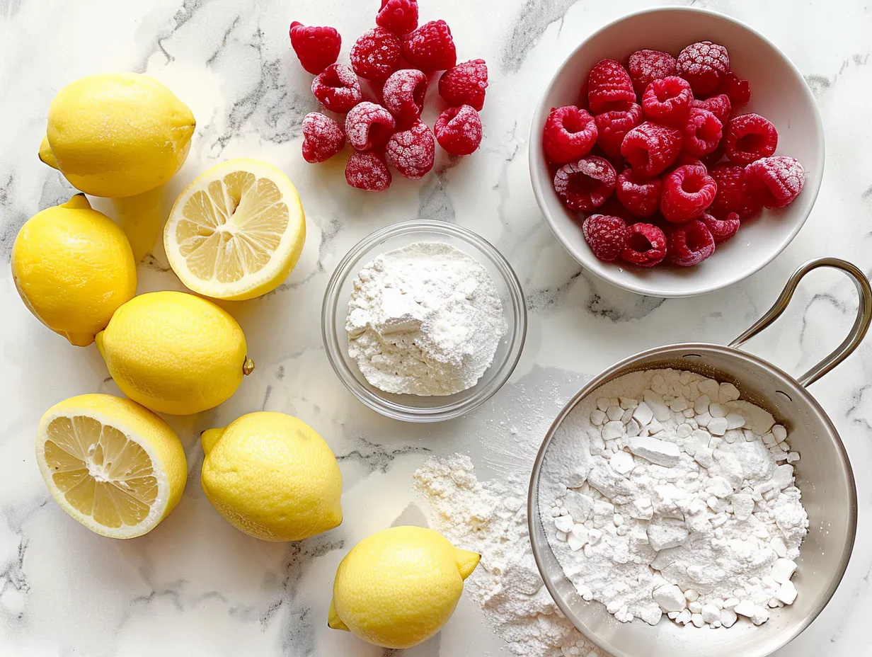 Ingredients for making lemon raspberry cookies, including butter, sugar, eggs, flour, lemon, and raspberries.