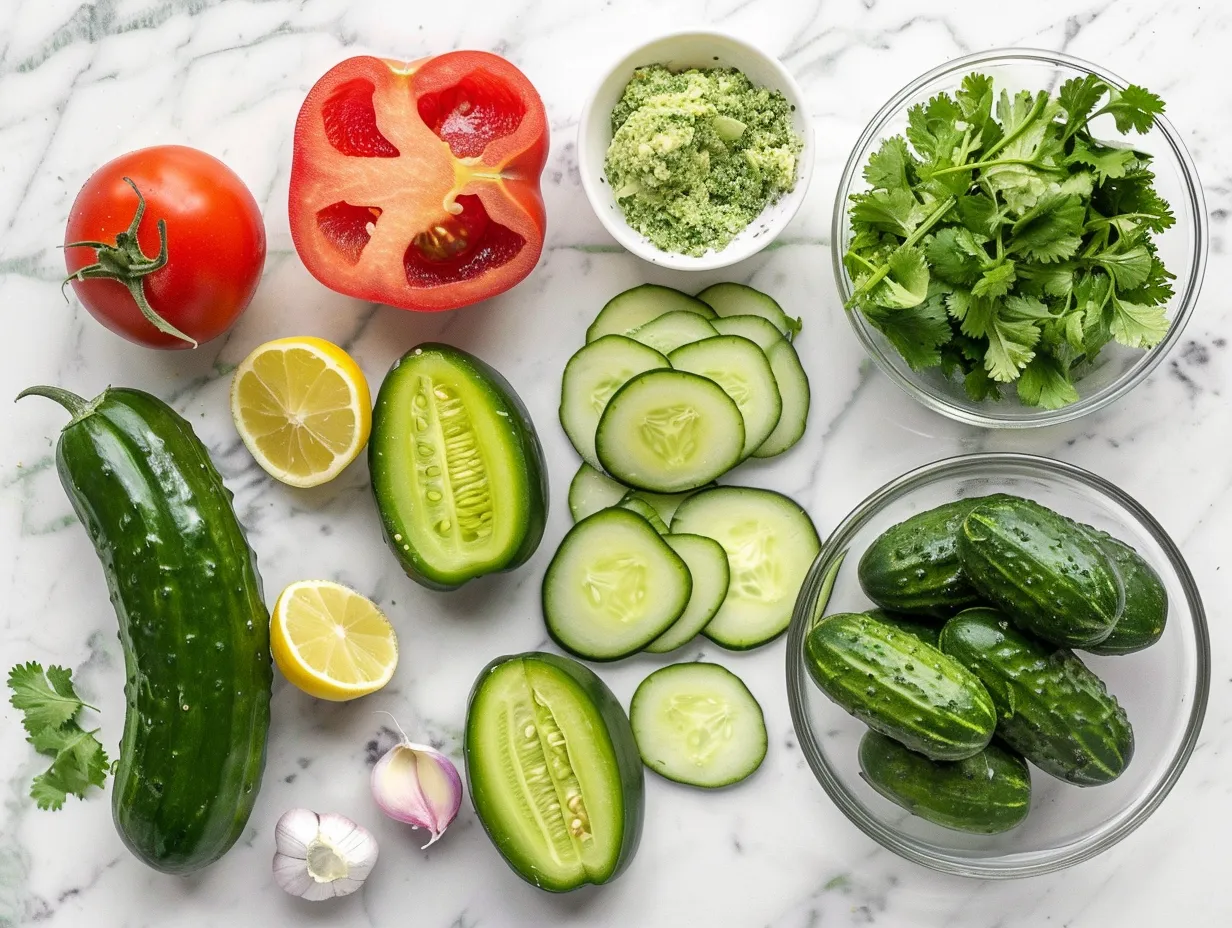 Ingredients for a refreshing Mexican Cucumber Salad, including cucumbers, red onion, cilantro, jalapeno, and spices.