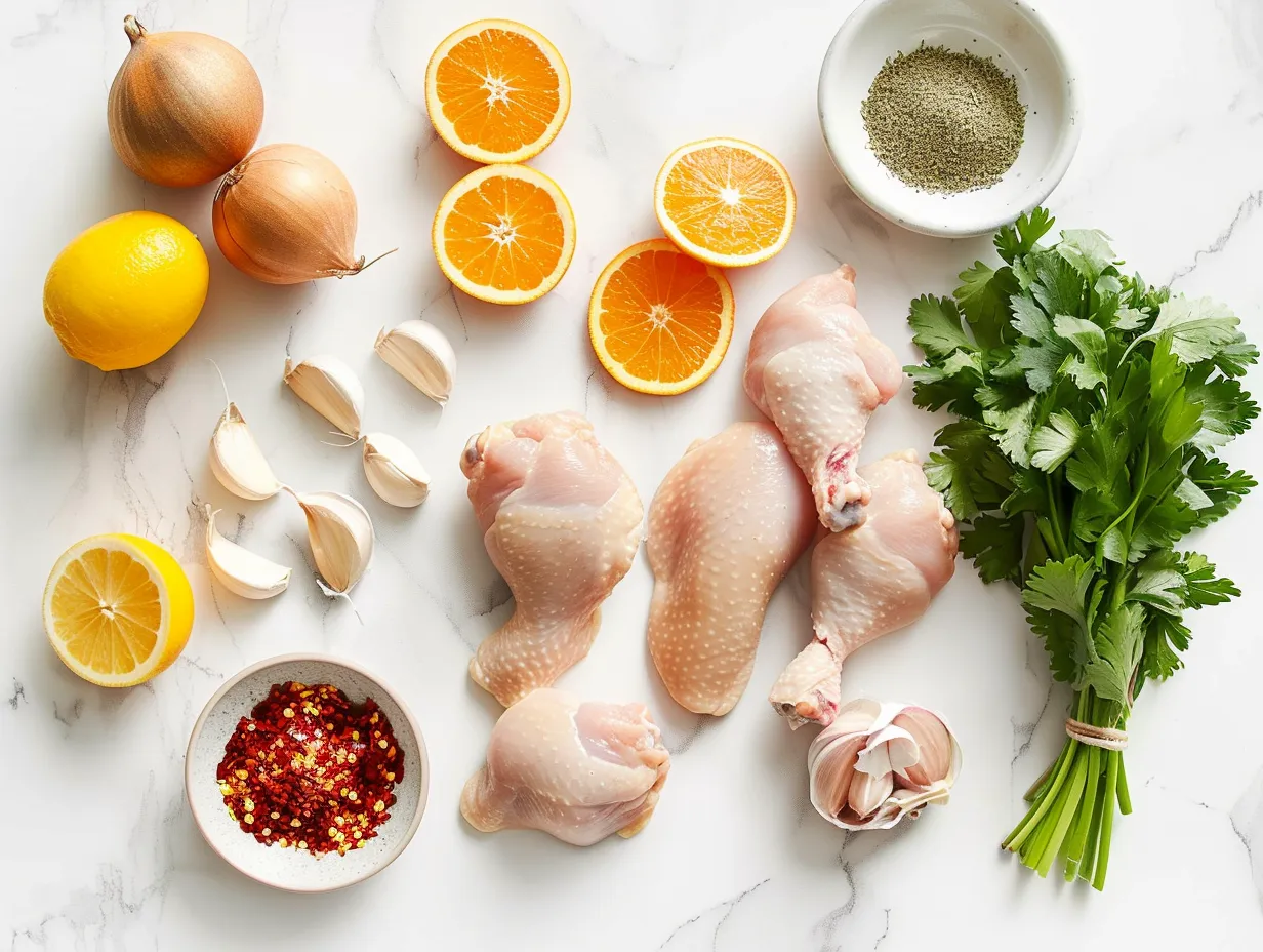 Raw ingredients for orange chicken, including chicken thighs, flour, spices, and orange sauce ingredients, arranged on a white marble surface.