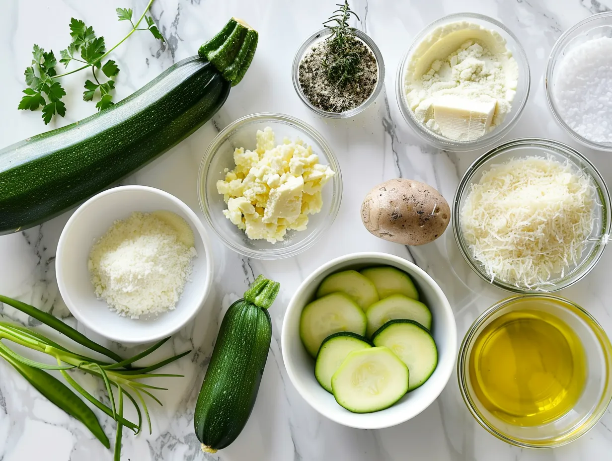 Ingredients for Parmesan Zucchini Muffins: flour, zucchini, parmesan, eggs, and spices.