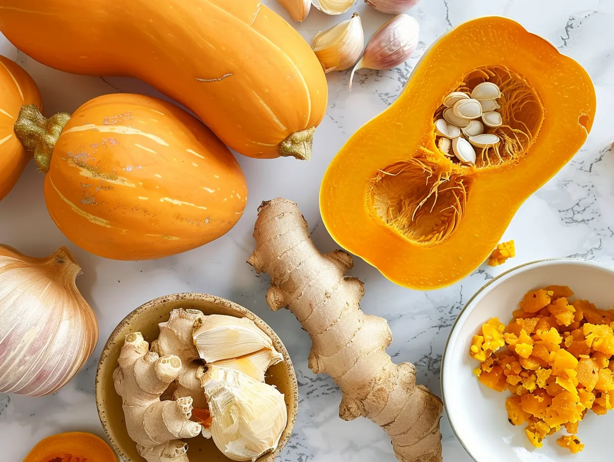 Ingredients for making roasted honeynut squash including squash, garlic, and spices