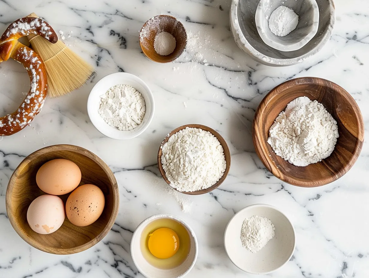 Raw ingredients for making Two Ingredient Dough Pretzel Bites, including flour and Greek yogurt.