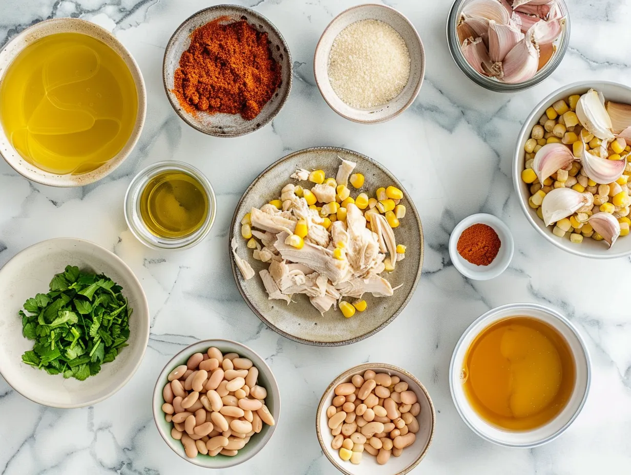 Raw ingredients for white chicken chili: bell peppers, spices, beans, and more on a marble countertop.