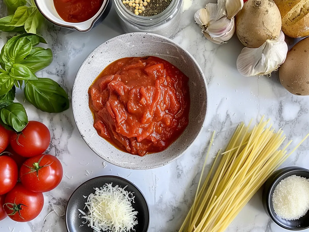 Raw marinara sauce ingredients, including tomatoes, garlic, onion, and herbs