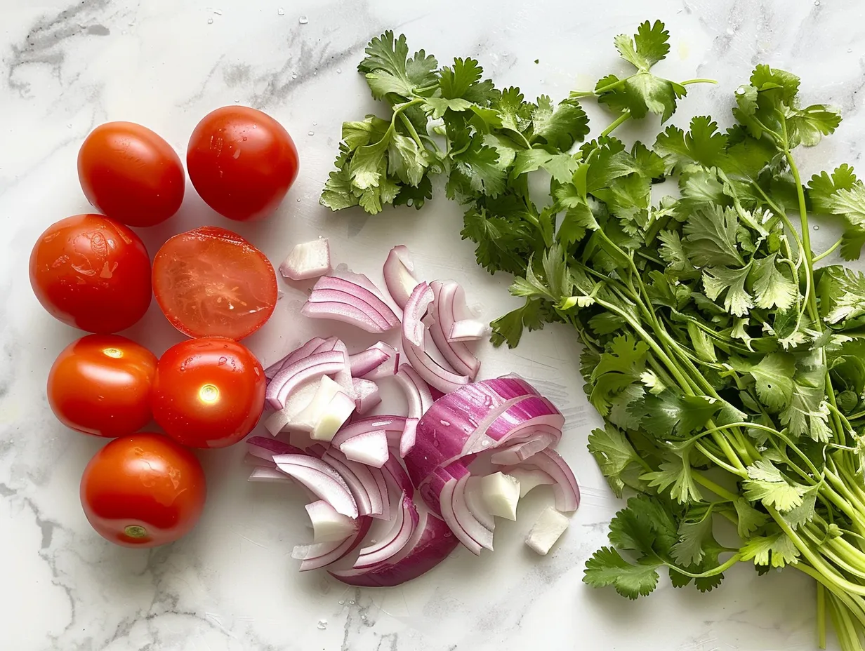Fresh ingredients for homemade salsa on a marble surface