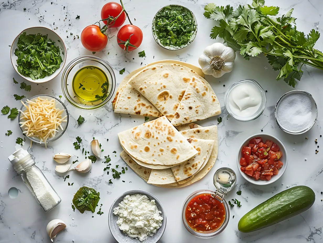 Ingredients for Smashburger Quesadillas including ground beef, tortillas, cheese, and onions
