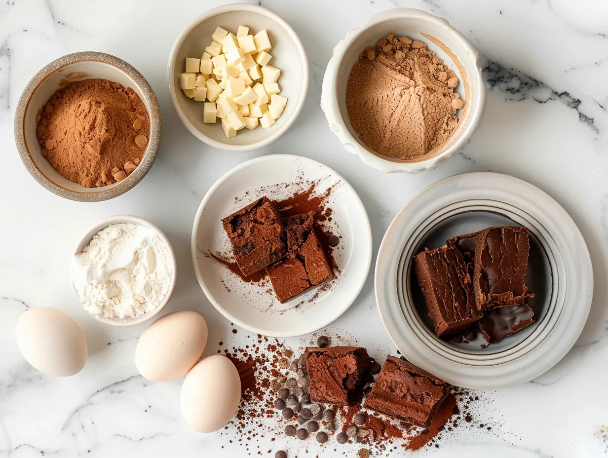 Ingredients for Tiramisu Brownies displayed on a marble surface.