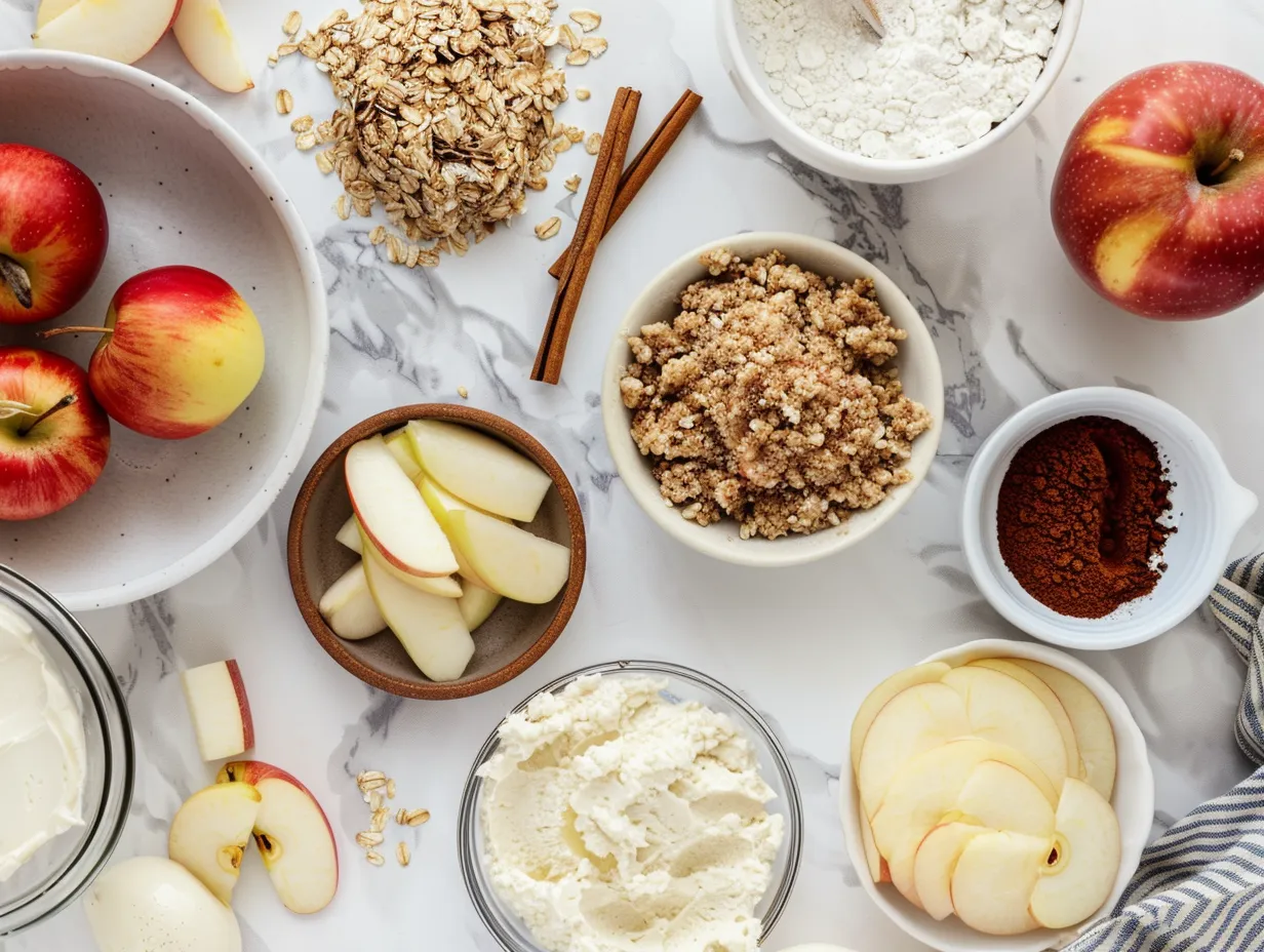 Vegan Apple Crumble Cheesecake ingredients including apples, oats, and cashews