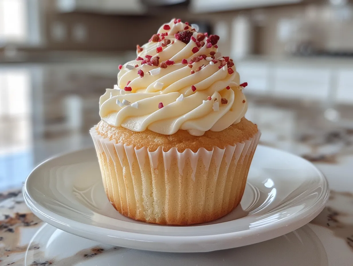 A perfectly frosted vanilla cupcake with sprinkles