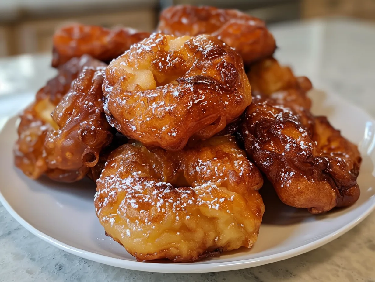 Close-up of air fryer apple fritters with glaze