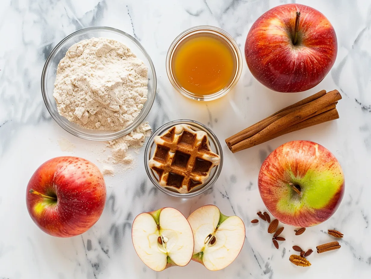 Apple cider waffle ingredients including flour, spices, apple cider, and eggs, arranged on a marble countertop.