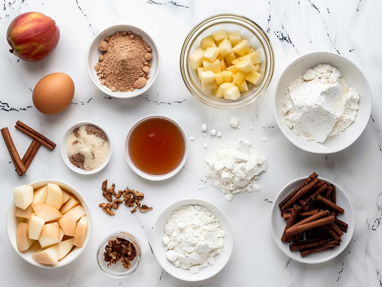 All of the ingredients needed to make apple fritters on a marble countertop