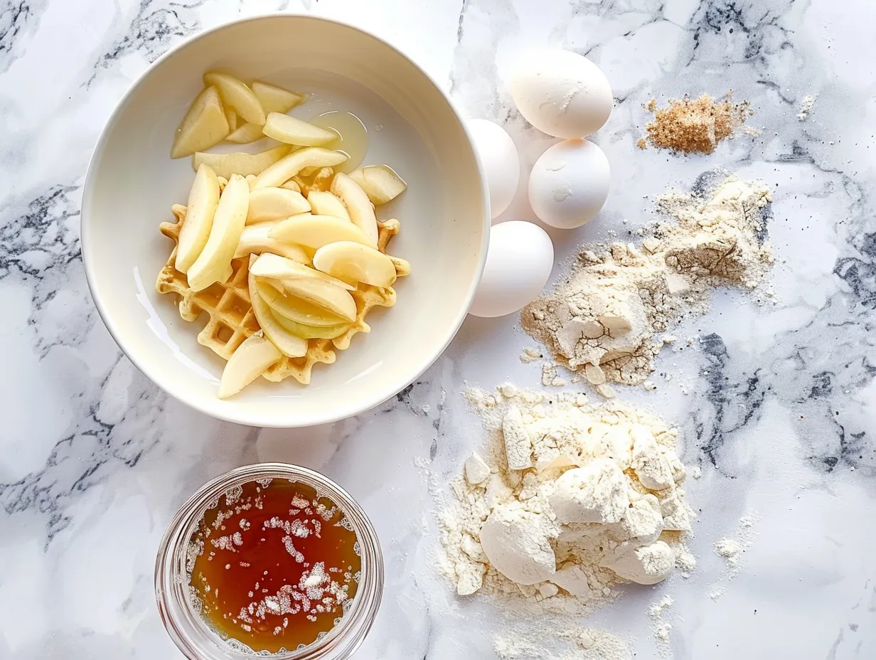 Ingredients for Apple Fritter Waffle Donuts including flour, apples, cinnamon, and glaze