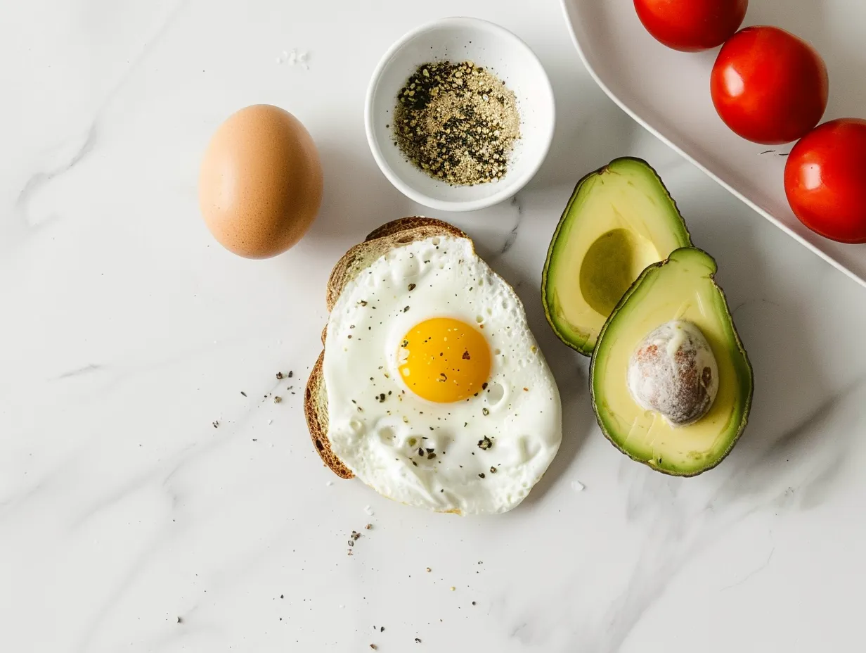 Ingredients for making avocado toast with egg, including bread, avocado, eggs, spices, and optional toppings
