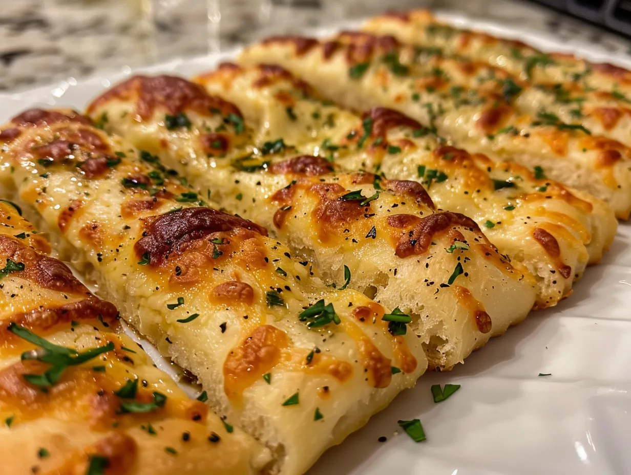 Homemade cheesy garlic breadsticks arranged on a wooden board as an appetizer