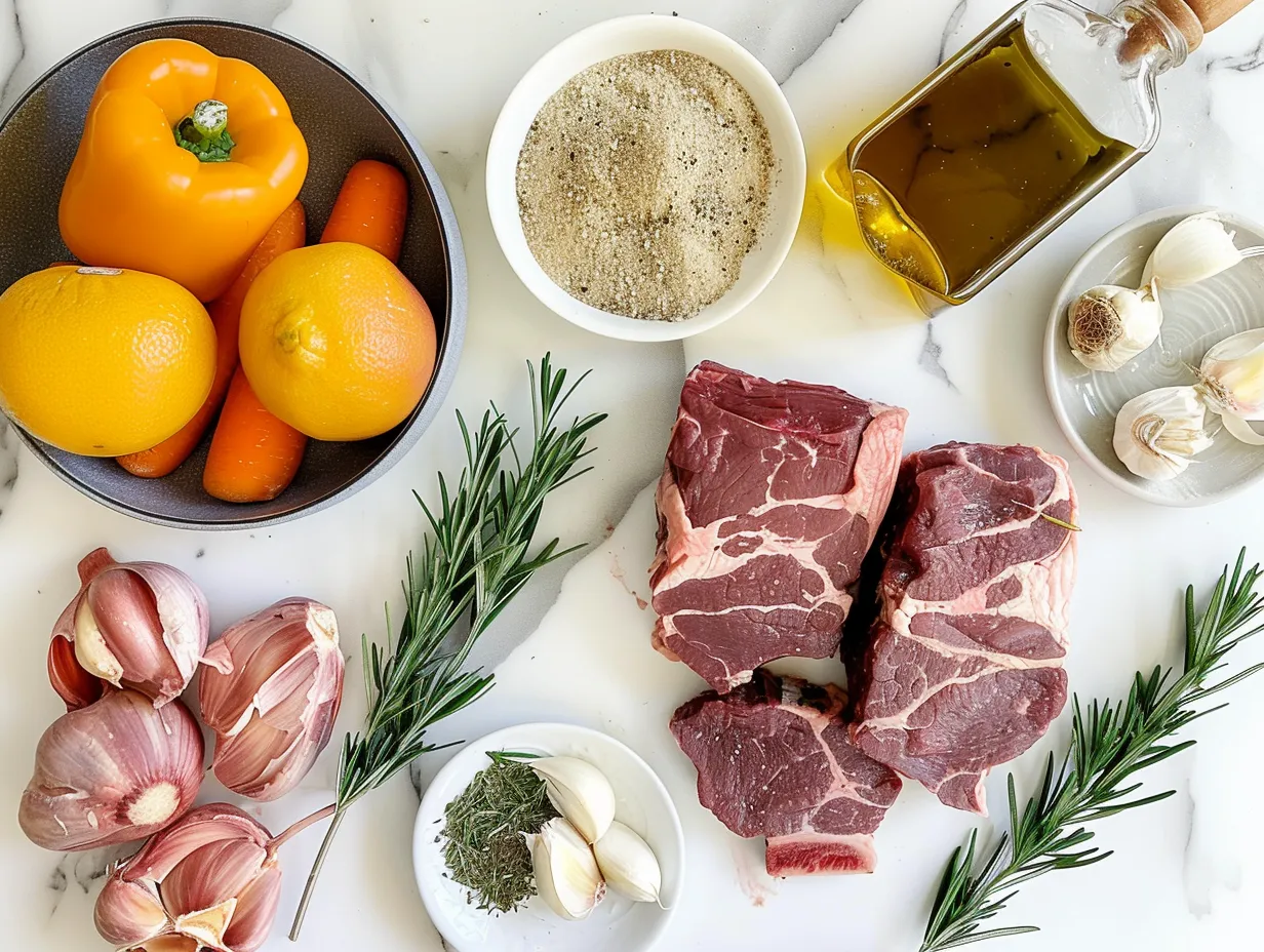 Chuck Roast Ingredients: Beef chuck roast, olive oil, onion, carrots, celery, garlic, tomato paste, beef broth, red wine, Worcestershire sauce, smoked paprika, dried thyme, dried rosemary, bay leaf, salt, and pepper.