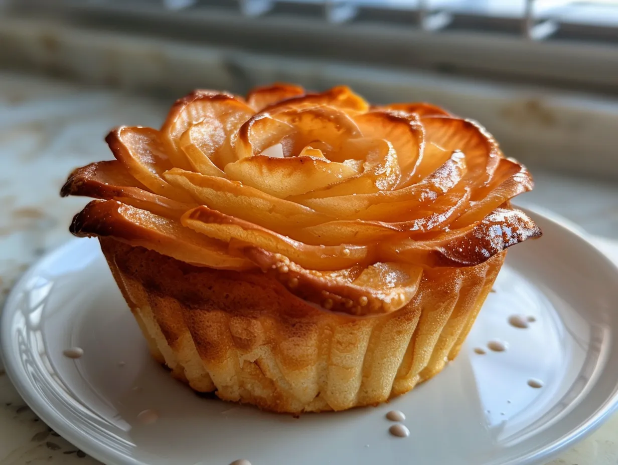 Close-up of a beautifully crafted apple rose muffin.
