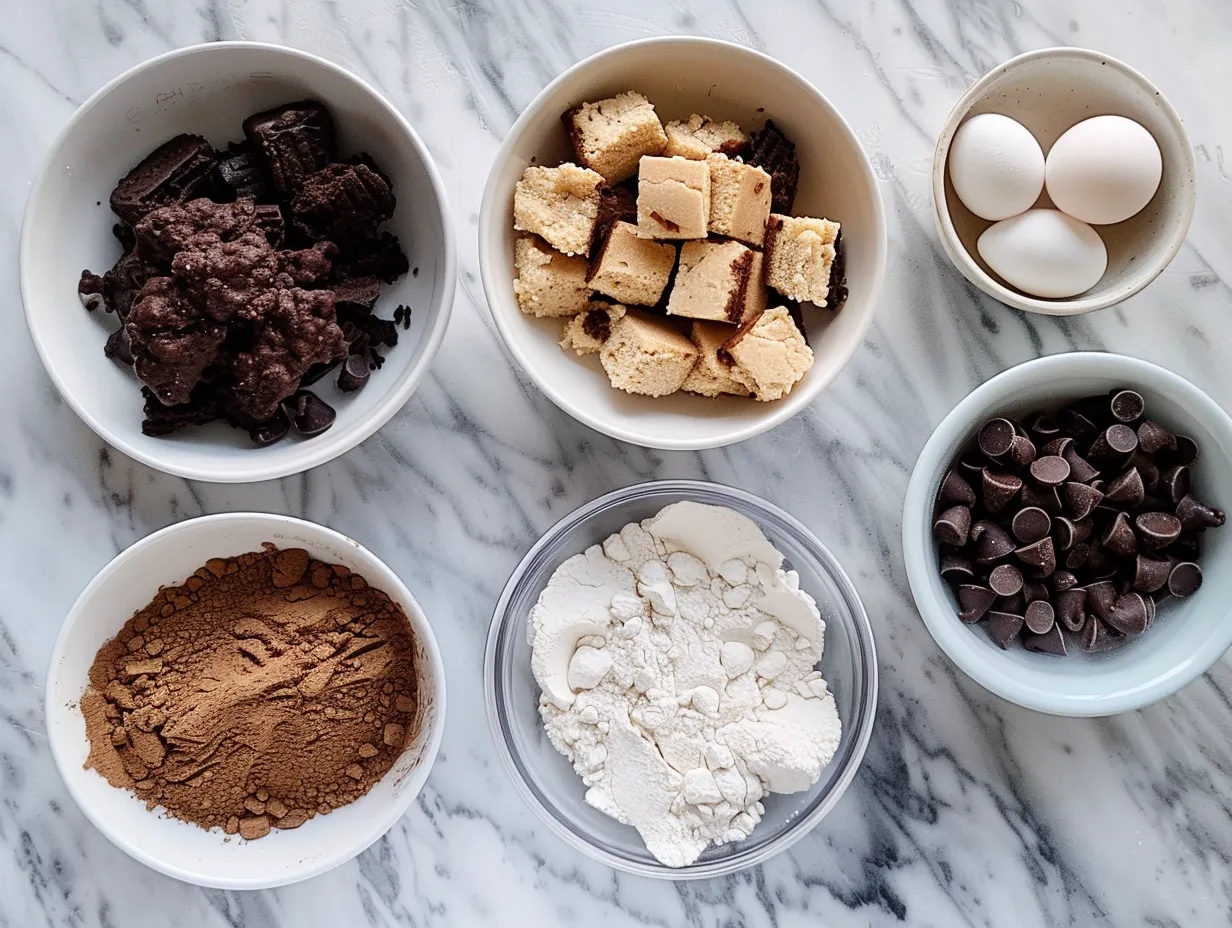 Cookie Dough Bar ingredients including butter, sugar, flour, vanilla, and toppings arranged on a marble surface