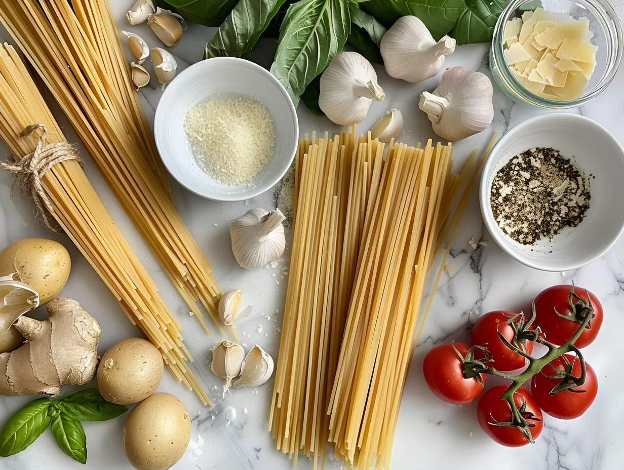Ingredients for Cowboy Chicken Linguine including pasta, chicken, spices, poblano pepper, and cheeses