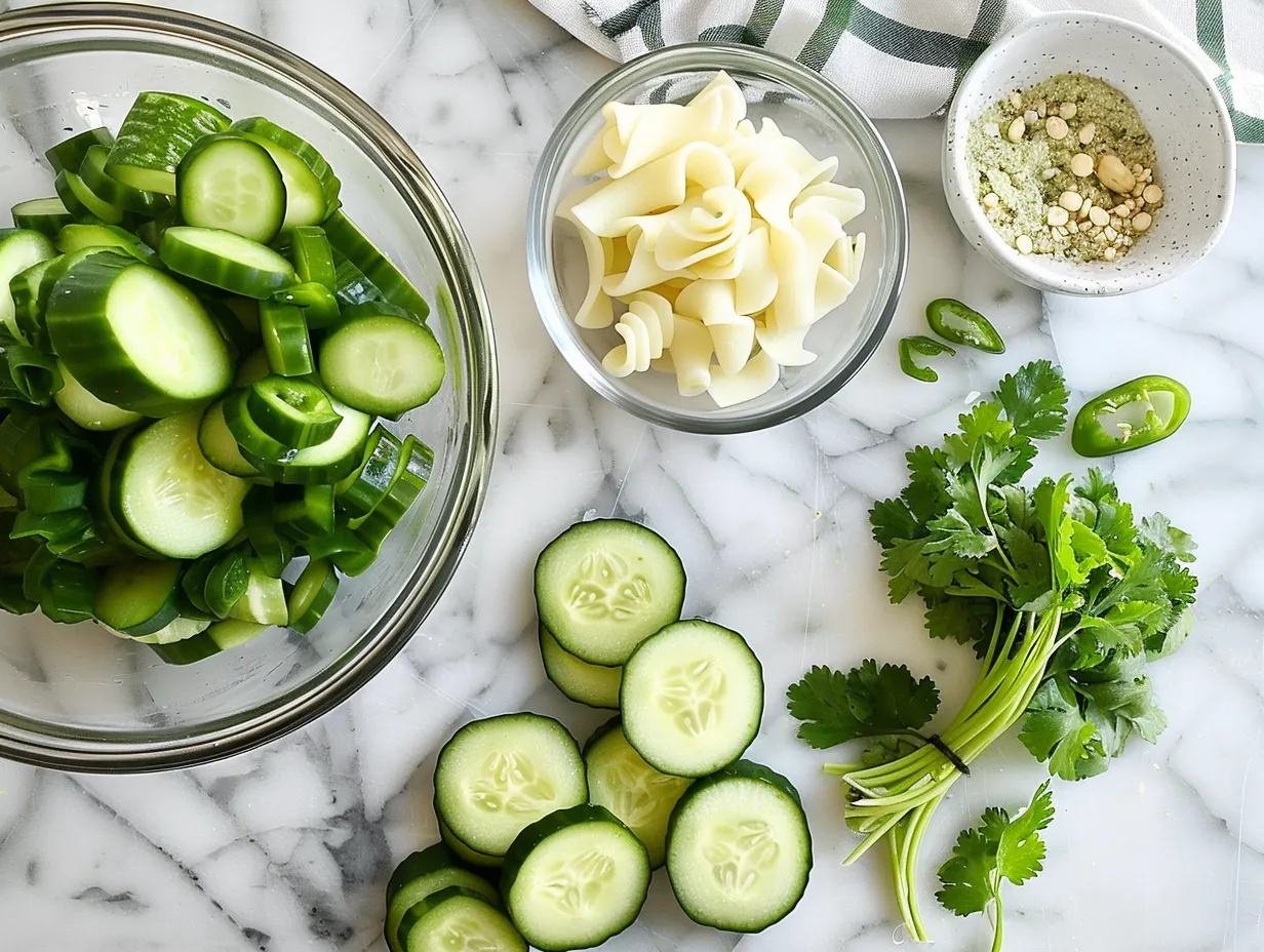 Cucumber Pasta Salad ingredients: pasta, cucumbers, red onion, dill, parsley, mayonnaise, sour cream, white wine vinegar, sugar, garlic powder, salt, and pepper