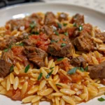 Delicious Bowl of Beef Orzo with Tomato Cream Sauce