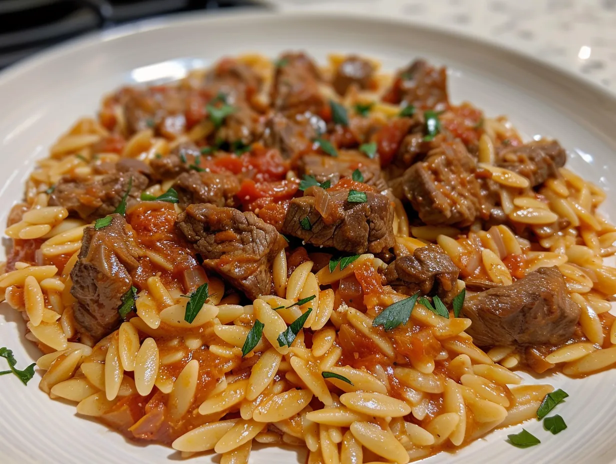 Delicious Bowl of Beef Orzo with Tomato Cream Sauce