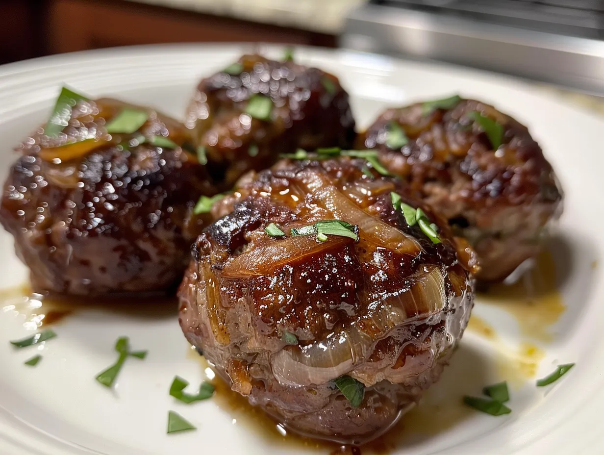 A close-up shot of French Onion Meatballs served as an appetizer, topped with melted Gruyère cheese and fresh herbs.