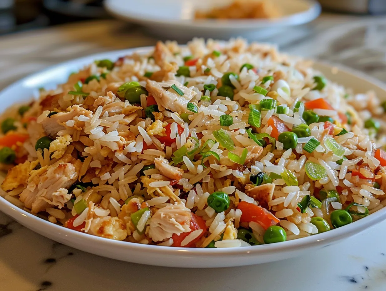 Delicious homemade chicken fried rice served in a bowl
